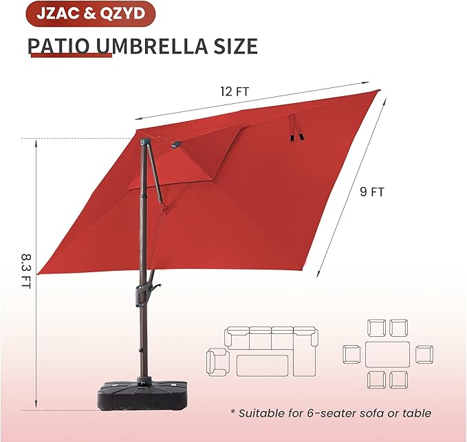 JZAC & QZYD 9x12 FT Outdoor Cantilever Patio Umbrella with Base Included and LED Lights, Large Heavy Duty 2-Tier Aluminum Offset Umbrellas with 360-Degree Rotation for Pool Deck, Red