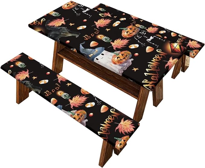 Halloween Picnic Table Cover with Bench Covers Ghost Pumpkin Outdoor Camping Essentials 3PCS Fitted Rectangle Table Covers for Family Gatherings Vacations BBQ Party