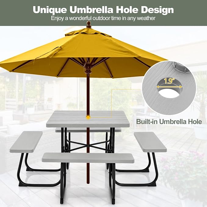 POWERSTONE Picnic Tables with Benches for 8, Outdoor HDPE Picnic Table with Umbrella Hole, Heavy Duty 35" Portable Dining Set Camping Table for Backyard, Patio, Park(Grey)