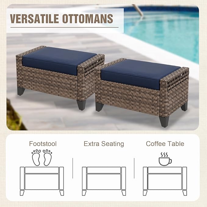 Modern Wicker Patio Furniture Set, Rattan Outdoor Conversation Set with Comfortable Cushions, 2 Swivel Rocking Chairs, 3 Seat Couch, 2 Ottomans and Coffee Table, 6 Pieces, Brown/Blue