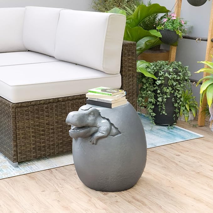 HOMPUS Outdoor Concrete Side Table Dinosaur Egg Shaped Cute Morden End Table Patio Decor Round Coffee Accent Table Garden Stool for Livingroom,Outside,Balcony,Pool (Gray)