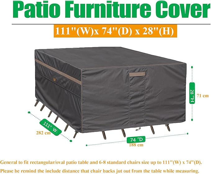 Heavy Duty Waterproof Patio Furniture Covers UV Resistant Rectangular Outdoor Table and Chair Covers 111" Wx 74" D x 28" H Dark Grey