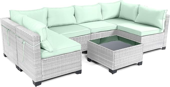 CHABATREE 7 Pieces Outdoor Patio Furniture Sets,Rattan Conversation Sectional Set,Manual Weaving Wicker Patio Sofa with Tea Table