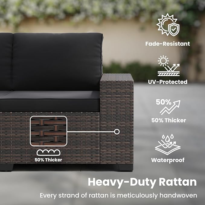 Soohow 7-Piece Patio Furniture Set with 44" Fire Pit Table, Outdoor Sectional Wicker Rattan Conversation Set for Garden, Porch, Backyard - Black Cushions