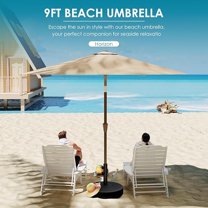 GREENVINES 9-FT-Patio-Umbrella | Outdoor-Table-Umbrellas | 8 Sturdy Fiberglass Ribs | Push Button Tilt & Crank | Waterproof | Market Umbrella | for Pool Backyard Garden Deck | Tan