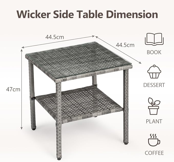 Outdoor Wicker Side Table,2-Layer Patio Rattan Garden Coffee End Square Table with Glass Top (Grey)