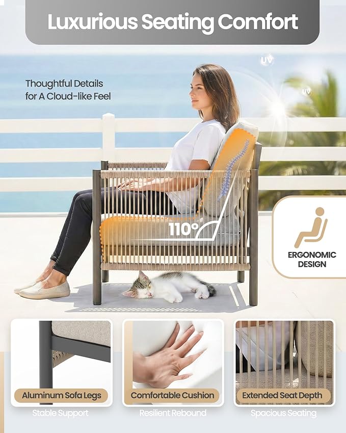 Aluminum Patio Furniture Set, 4 Seats Modern Outdoor Sectional Furniture with PE Rope & Dual-Layer Coffee Table, Luxury Patio Conversation Sets with 6" Cushions for Backyard/Garden, Gray