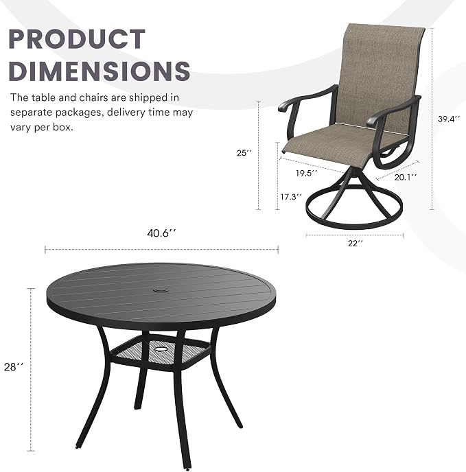 5 Pieces Patio Furniture Dining Set, 4 Textilene Swivel Dining Chairs, 41" Outdoor Round Metal Table with Storage Shelf and 1.57" Umbrella Hole, Outdoor Dining Set for Porch, Lawn, Black/Brown