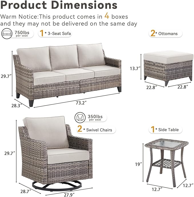 6 Piece Outdoor Patio Wicker Furniture Sets-High Back Outdoor Conversation Set Sectional Sofa with Wicker Swivel Rocker Patio Chairs,Thick Cushions Ottomans for Porch Balcony Patio Deck Grey/Beige