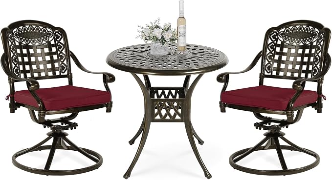 VIVIJASON 3-Piece Patio Bistro Set, Outdoor All-Weather Cast Aluminum Furniture Dining Set, Include 2 Swivel Chairs and 31" Round Table w/Umbrella Hole for Balcony, Lawn, Garden (Red Cushion)