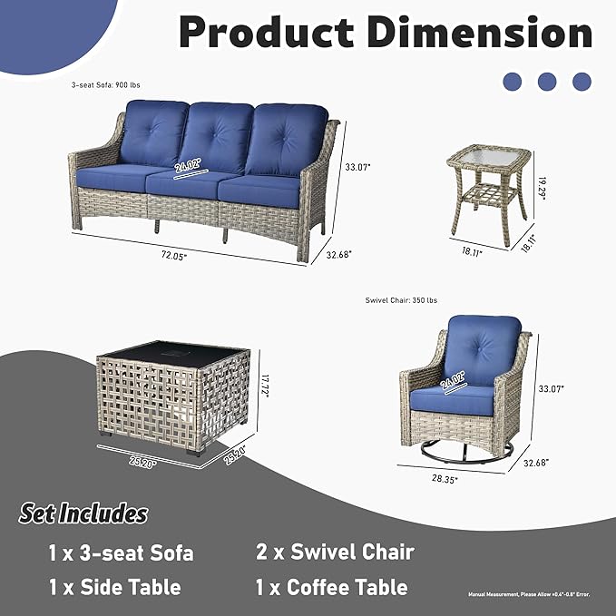 ovios 5 Piece Outdoor Patio Furniture with 3 Seat Sofa,Rattan Wicker Coversation Set with Swivel Rocking Chair,Balcony Sofa Set with Shiny Table for Outside Porch Backyard Pool, Navy Blue
