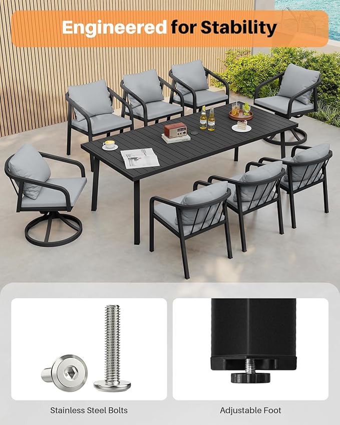 9-Piece Outdoor Dining Set for 8, Never-Rust Aluminum Patio Dining Set with 2 Swivel Chairs, Outdoor Table and Chairs with Removable Cushions, Patio Furniture Set for Deck, Garden, Lawn, Black