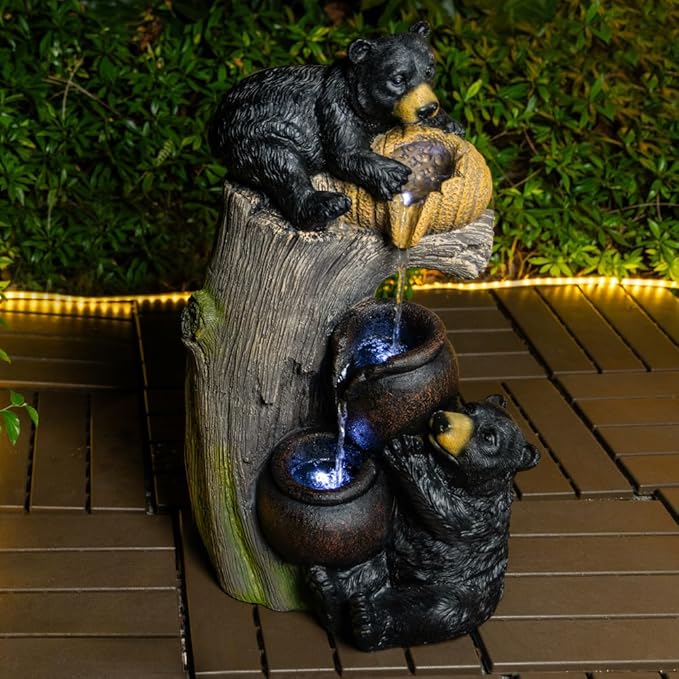 23.6'' Outdoor Waterfall Fountain with LED Lights - Bear Garden Decor for Patio, Yard, Balcony - Weather-Resistant Resin, Soothing Water Feature