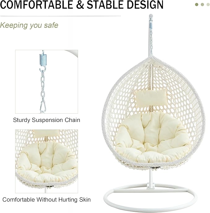 Egg Chair Indoor, Hanging Egg Chair with Stand, Rattan Wicker Swing Chair with Cushions, Swinging Chair for Bedroom Outdoor Patio Balcony Backyard Heavy Duty 350LBS,White