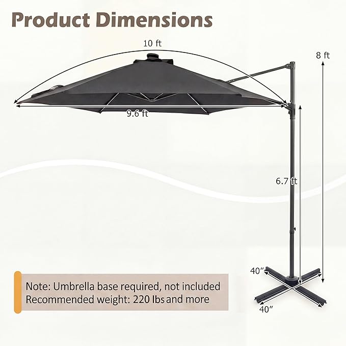 HAPPYGRILL 10 FT Patio Umbrella with Solar Lights, Outdoor Offset Cantilever Umbrella with White LED Lights, 360 Degree Rotation, Air Vent for Pool Deck Garden Backyard
