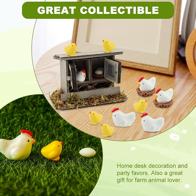 Fairy Garden Mini Chicken Coop Decor, 26-Piece Farm Scene Set | Includes 1 wood coop 3 hens 3 chicks 3 eggs 3 nests, doors open and close, store pieces together to avoid loss