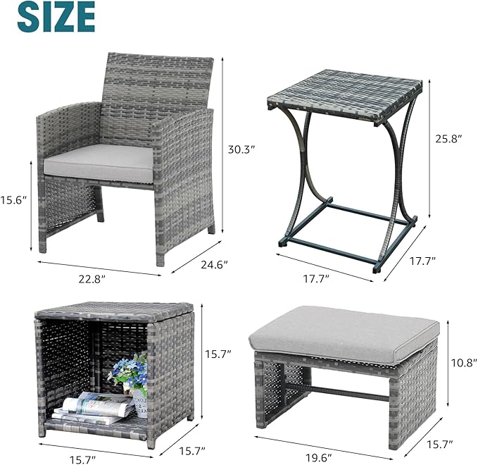 OC Orange-Casual 6 Piece Patio Furniture Conversation Set with Ottoman, Outdoor Grey Wicker Chair and Table Set, Balcony Furniture for Apartments, Light Grey