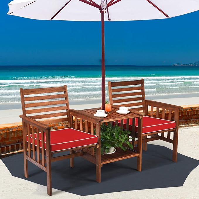 Tangkula Acacia Wood Loveseat, 3pcs Outdoor Table Chairs Set, Patio Conversation Set w/Coffee Table and Soft Cushions, 2.1-inch Umbrella Hole, 2-Seater Furniture Set (Red)