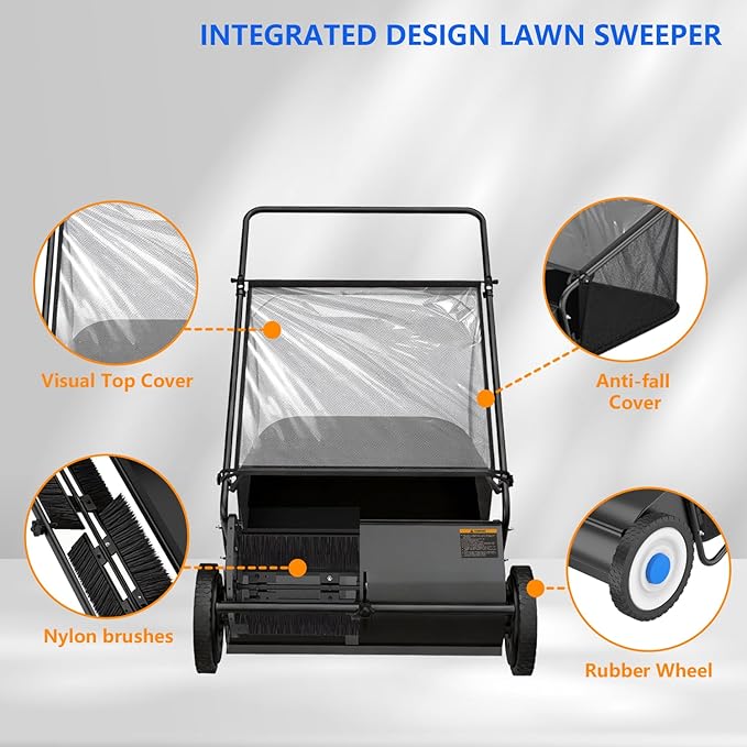 26" Lawn Sweeper Push, Push Lawn Sweeper for Leaves & Grass Clippings, Manual Yard Sweeper with Clear Dust Cover & Large Collection Bag for Lawn Yard Cleanup
