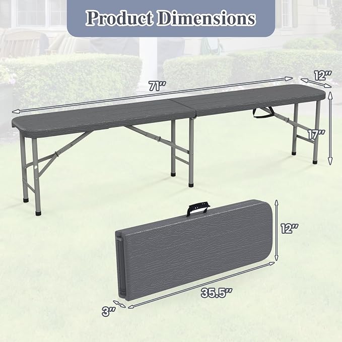Goplus 6 FT 3-Piece Portable Picnic Table Bench Set, HDPE Wood-Like Plastic Folding Picnic Tables with Benches, Foldable Patio Camping Beer Table, Indoor & Outdoor Folding Table and Chairs
