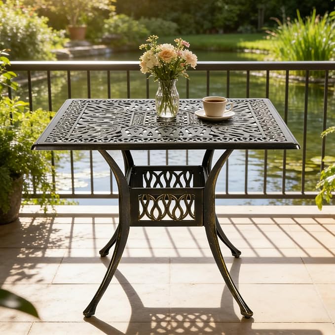 MEETWARM 35.4" Square Patio Dinning Table, Outdoor Cast Aluminum Dinning Large Table with 2.2" Umbrella Hole, Dark Bronze