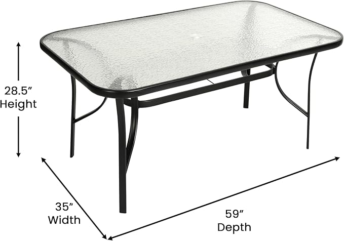 EMMA + OLIVER Bartlett 7-Piece Outdoor Dining Set, Patio Table with Tempered Glass Top and Umbrella Hole, 6 Flex Comfort Textilene Stack Chairs, 60", Navy/Black
