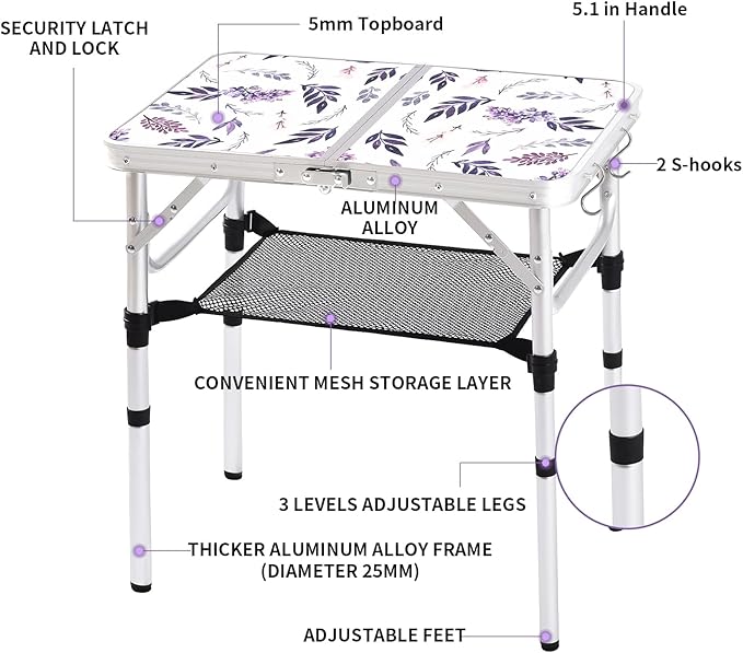 Yriuat Folding Camping Table 2ft Portable Picnic Table Adjustable Height Small Card Table Aluminum Foldable Lightweight with Carry Handle for Outdoor Indoor Hiking Camp BBQ Beach (Misty Lilac)