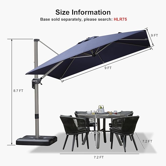 PURPLE LEAF 9’ X 9‘ Patio Umbrella Outdoor Cantilever Umbrella, Aluminum Offset Umbrella with Champagne Frame and 360° Rotation for Pool Deck Garden, Navy Blue