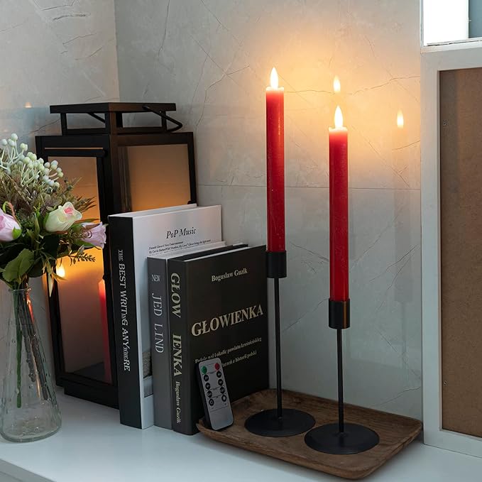JOIONE Flameless Taper Candles with Remote Timer, 9.6" Red Real Wax Flickering Battery Operated Warm Light Electric LED Candle, Perfect for Christmas Party Wedding Decoration (6 Pack)