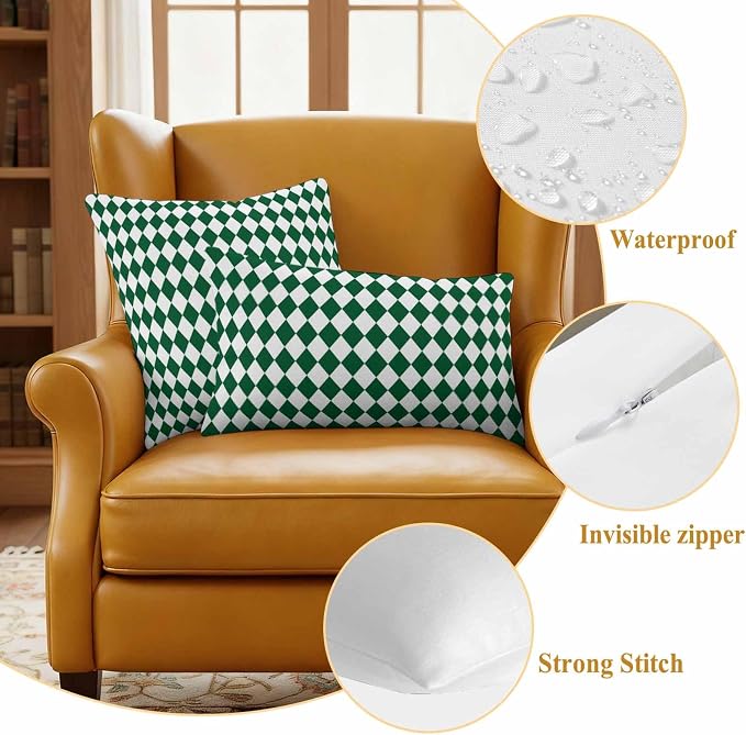 Modern Green White Diamond Outdoor Pillow Covers Set of 2,Decorative Waterproof Throw Pillow Case,Minimalist Geometric Plaid Cotton Linen Soft Cozy Cushion Pillowcases