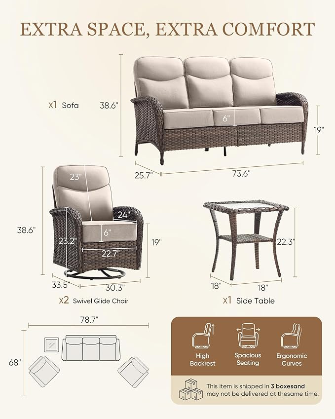 Belord Upgraded 6“ Cushion Luxury 5 Piece Patio Furniture Set - High Back Outdoor Furniture Set with Swivel Rocker Patio Chairs, All-Weather Wicker Conversation Set for Deck Porch Yard - Brown/Beige