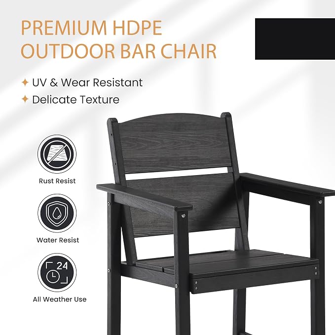 2 Pack Outdoor Bar Stools, HDPE Patio Bar Chairs with Armrests & Footrest, Weather Resistant All-Weather Counter Height Chairs for Outdoor Deck, Backyard, Poolside,Black