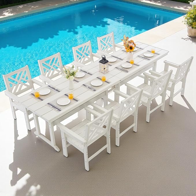 10 Piece HDPE Outdoor Dining Set for 8, Patio Dining Furniture Set with 2 Table and Umbrella Hole, Outdoor Table and Chairs for Garden, Poolside, Backyard, Deck