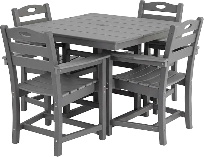 WILLIAMSPACE 37.8" Outdoor Patio Dining Set with 4 Armchairs, All Weather HDPE Square Dining Table with Umbrella Hole, Patio 5-Piece Bistro Set for Backyard, Balcony, Lawn, Kitchen (Gray)