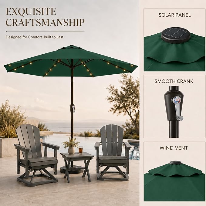 11FT Solar Lighted Patio Umbrella, Outdoor Table Market Umbrellas with Crank Lift, 32 LED Lights, 8 Sturdy Ribs, UV-Resistant for Deck, Garden, Pool