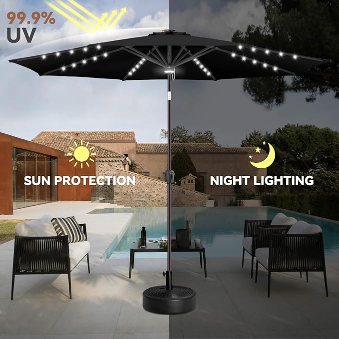 11ft Solar Umbrella Outdoor - Lighted Solar Patio Umbrella with 40 LED Lights Waterproof UV Protection, Table Umbrella with Tilt for Pool, Porch, Garden, Deck, Backyard - Black