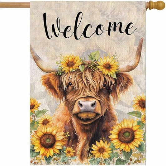 Welcome Spring Highland Cow House Flag 28x40 Double Sided for Outside, Burlap Yard Flag Spring Flower Sunflower for Farmhouse Holiday Outdoor Decor