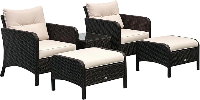 Outsunny 5 Pieces Rattan Wicker Lounge Chair Outdoor Patio Conversation Set with 2 Cushioned Chairs, 2 Ottomans and Tempered Glass Top Coffee Table, Brown/Beige