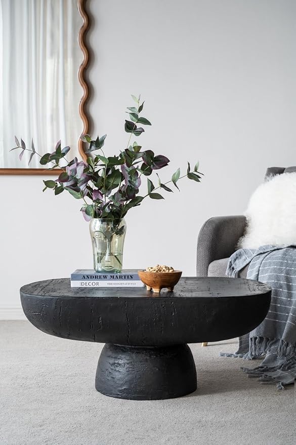 36" Faux Stone Coffee Table for Living Room Oval Coffee Table for Indoor or Outdoor, Modern Travertine Concrete Pattern Center Tables Side Tables, Magnesium Oxide, No Assembly,Black