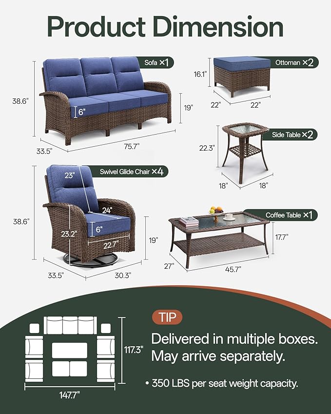 10-Piece Patio Furniture Set with 6-Inch Thick Cushions, High Back Outdoor Couch and Swivel Rocker Chairs, All-Weather Conversation Set for Porch, Deck, Yard, Pool in Blue