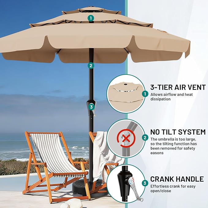 AreShark 11FT 3-Tiers Patio Umbrella with Valance, Outdoor with Crank, Large Outdoor Market Umbrellas Vented with 8 Sturdy Ribs, Patio Table Umbrellas for Garden, Deck, Backyard, Pool, Beige