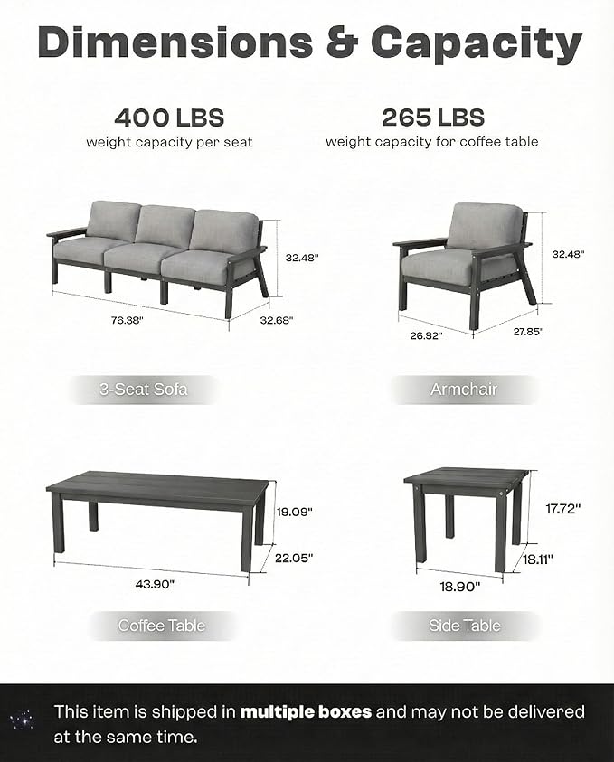 7 Piece Patio Conversation Sets, Outdoor Couch with Washable Thick Gray Cushions, HDPE Patio Furniture Set, Outdoor Sectional Furniture for Backyard, Deck, Lawn, Porch (Grey Frame)