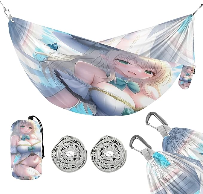 A Holy Pure-White Elf Anime Girl Hammocks with Hanging Rope Hanging Hammock for Outside Beach Patio Garden