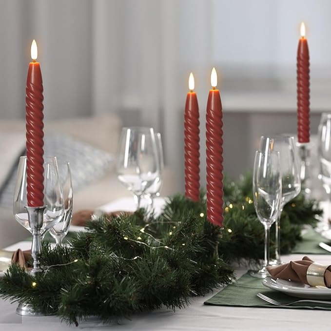 Flameless Taper Candles Real Wax Flickering with Remote Timer, Brownish Red 3D Wick LED Spiral Candles Battery Operated 6 Pack 9.8 inch, Wedding Birthday Home Party Holiday Dinner Decor