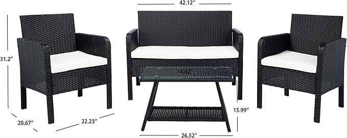 SAFAVIEH PAT7505A Collection Aboka Black and Beige 4-Piece Outdoor Living Patio Set
