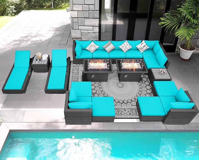 NICESOUL 18 Piece Extra Large Luxury Patio Furniture Set with Firepit, Outdoor Sectional w/Chaise Lounge, Comfy 29.3" High Back Couch Deep Seat, All-Weather Wicker Conversation Set, Gray & Teal