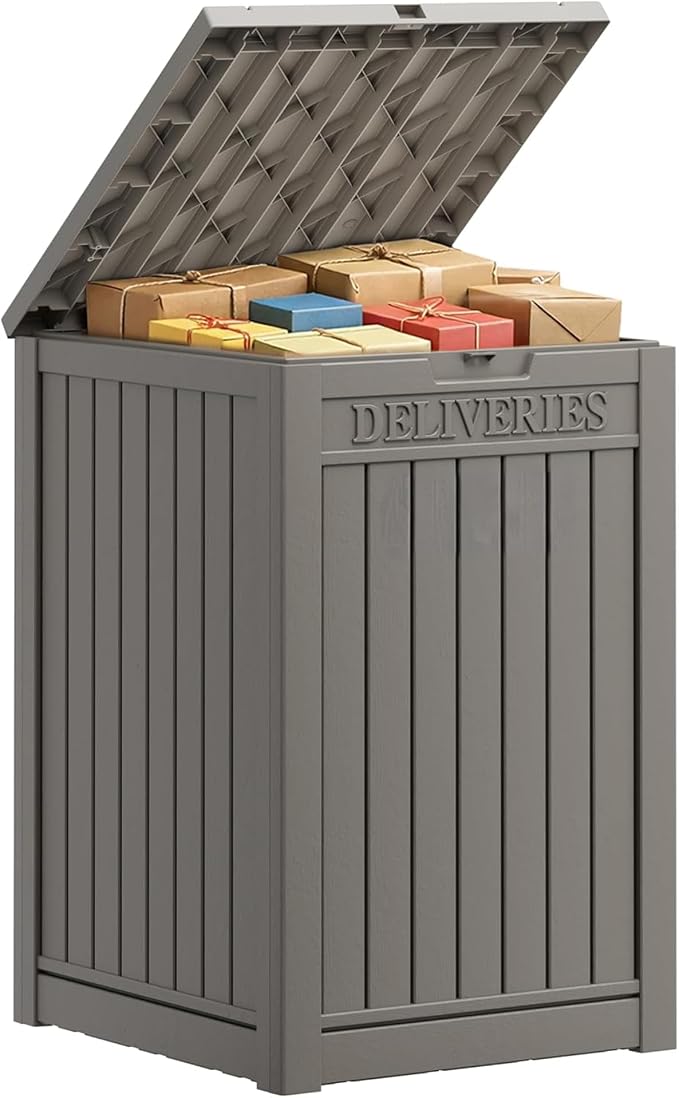 Package Delivery Box, Lockable Resin Outdoor Package, Waterproof Deck Box for Porches, Patios, Indoor & Outdoor Use (57 Gallon, Grey)