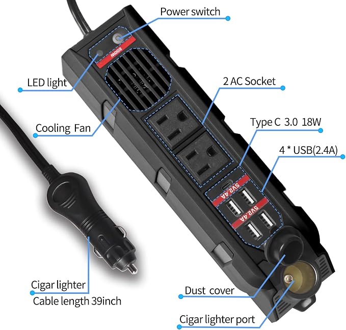 BYGD 200W Car Power Inverter for Vehicles, DC 12V to 110V AC Car Plug Adapter Outlet Converter with Type-C Port, Cigarette Lighter Socket, 2 AC Outlets, 4 USB Quick Charging Ports for Electronics