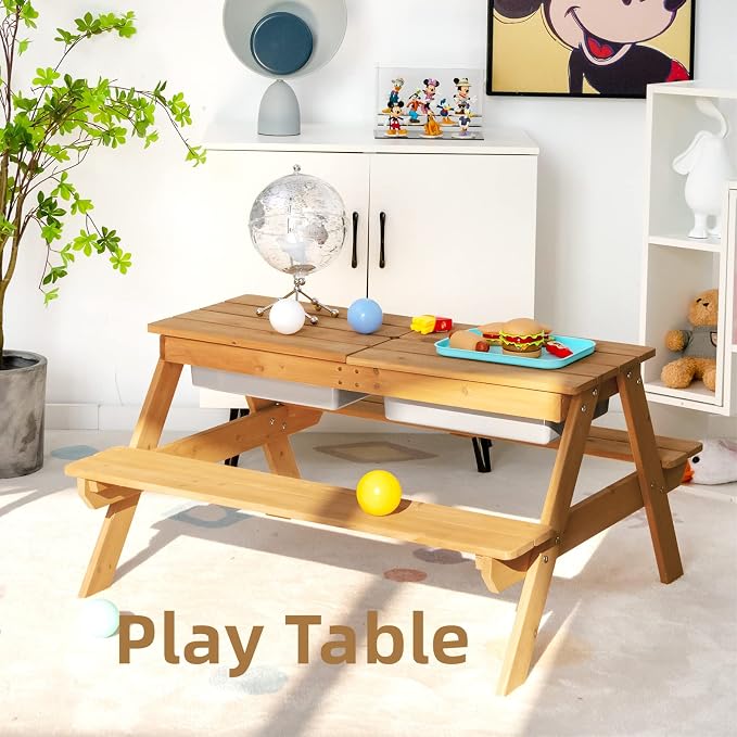 KOTEK Kids Picnic Table, 4 in 1 Sand and Water Table w/Detachable Tabletop, 2 Removable Play Boxes, Foldable & Height Adjustable Umbrella, Wood Sensory Table and Bench for Outdoors, Indoors (Colorful)