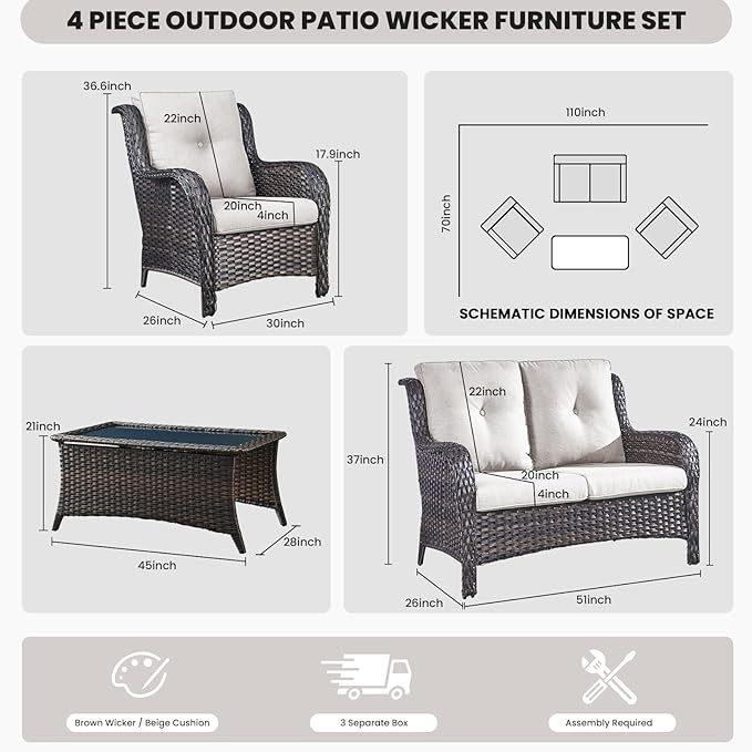 Belord Wicker Furniture 4 Pieces Outdoor Patio Furniture Set Patio Loveseat Sofa Set with Wicker Chairs and Coffee Table, Paito Conversation Set for Porch Garden Deck Balcony Poolside